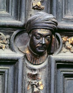 Zelfportret, vijfde hoofd van boven op de linker deur van de Noorddeuren van de Baptisterium van San Giovanni, 1403-24 (brons)
